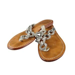 Tommy Bahama Womens Crystal Chain Link Leather Thong Sandals Tan Silver Size 8